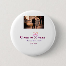 Pink bow cheers to 50 years anniversary wedding button