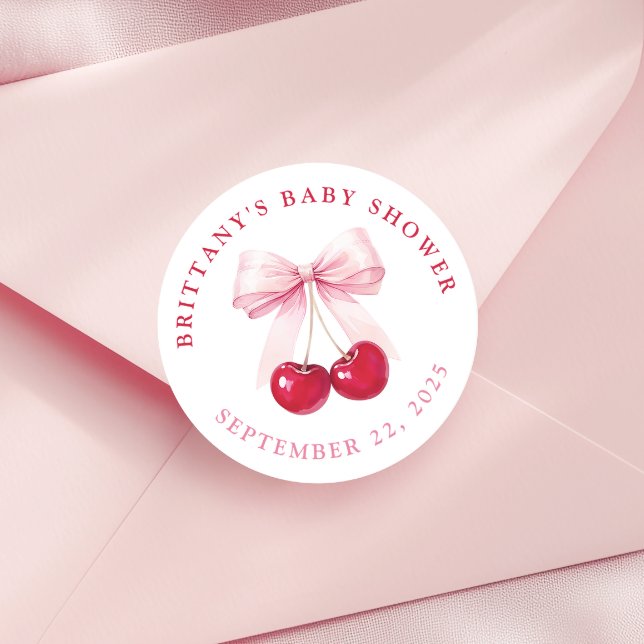 Pink Bow Cherry Baby Shower Round Stickers (Von Creator hochgeladen)
