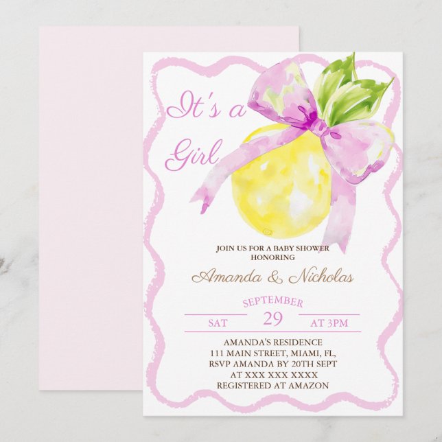 Pink Bow Citrus Girl Babydusche Einladung (Vorne/Hinten)