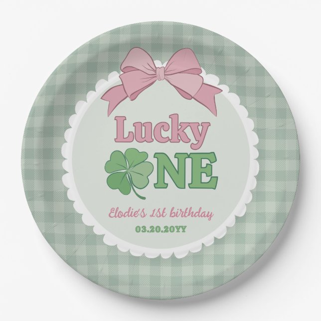 Pink Bow Clover Lucky One Girl 1st Birthday Pappteller (Vorderseite)