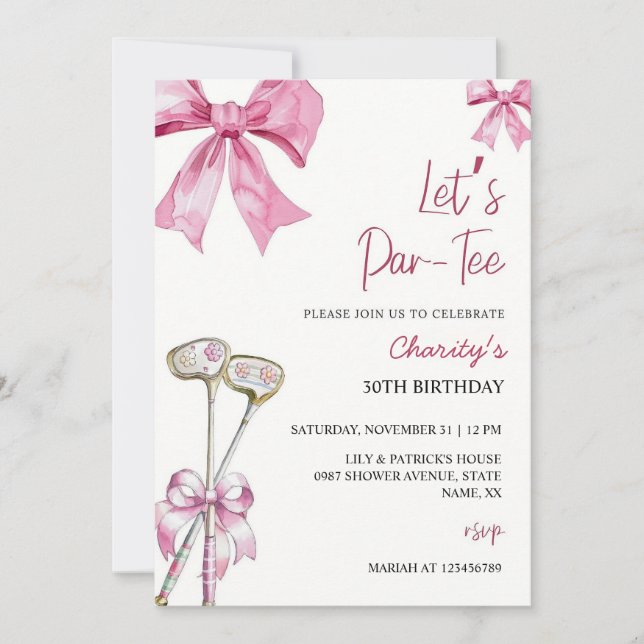 Pink Bow & Club Golf Invitation Anniversaire Par's (Devant)