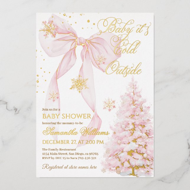 Pink Bow Cold Outside Baby Girl Dusche Folieneinladung (Vorderseite)