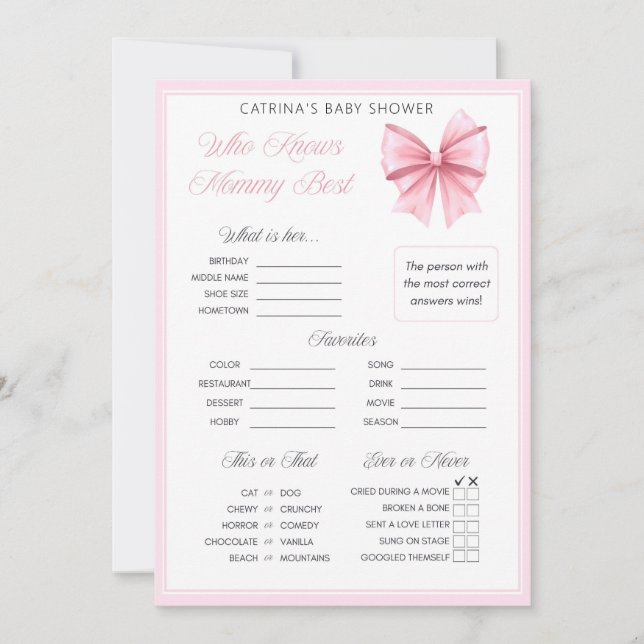 Pink Bow Coquette Babydusche - bestellbarer Name,  Einladung (Vorderseite)