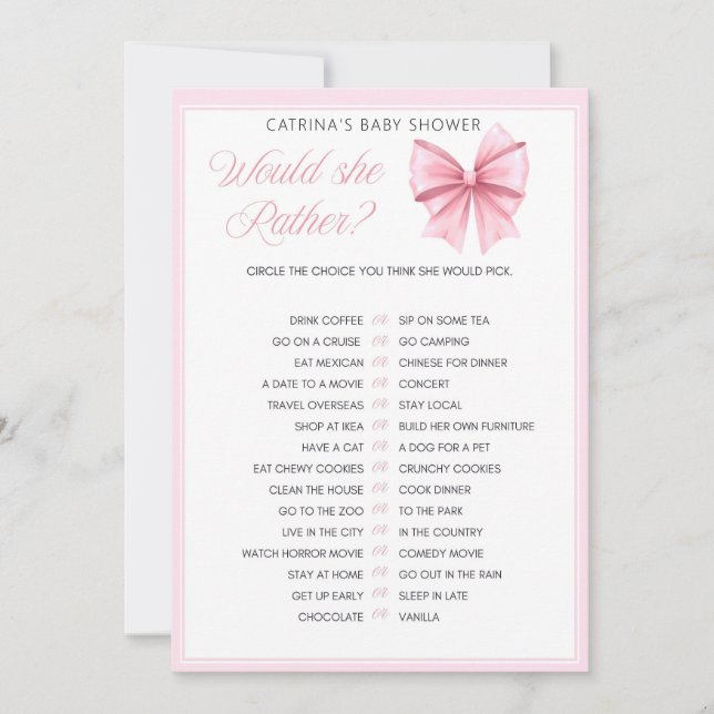 Pink Bow Coquette Babydusche - bestellbarer Name,  Einladung (Vorderseite)