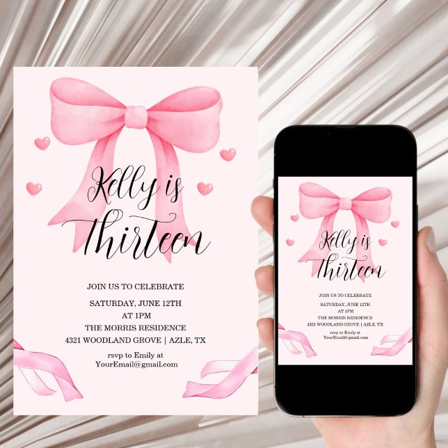Pink Bow Coquette Bow Birthday Thirteen Invitation Einladung (Von Creator hochgeladen)