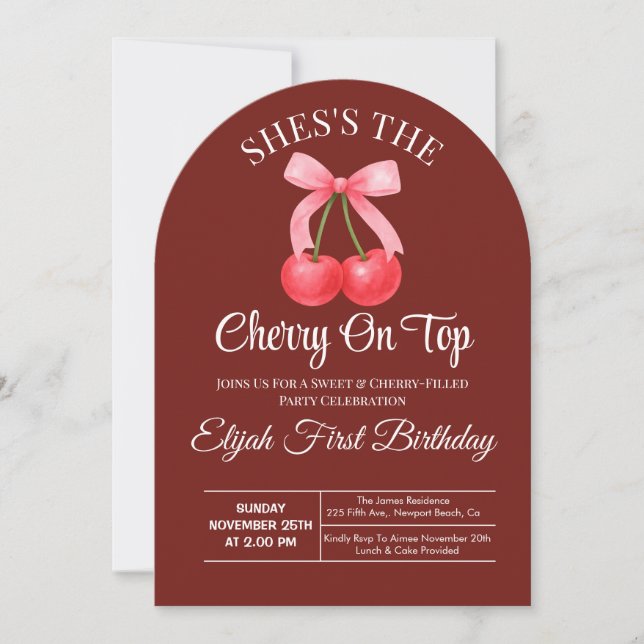 Pink Bow Coquette Cherry On Top Girl 1st Birthday Einladung (Vorderseite)