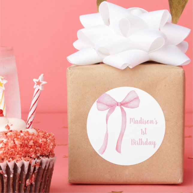 Pink Bow Coquette Erster Geburtstag Runder Aufkleber (Party)