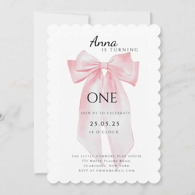 Pink Bow Coquette Girl Einladung zum 1. Geburtstag (Vorderseite)