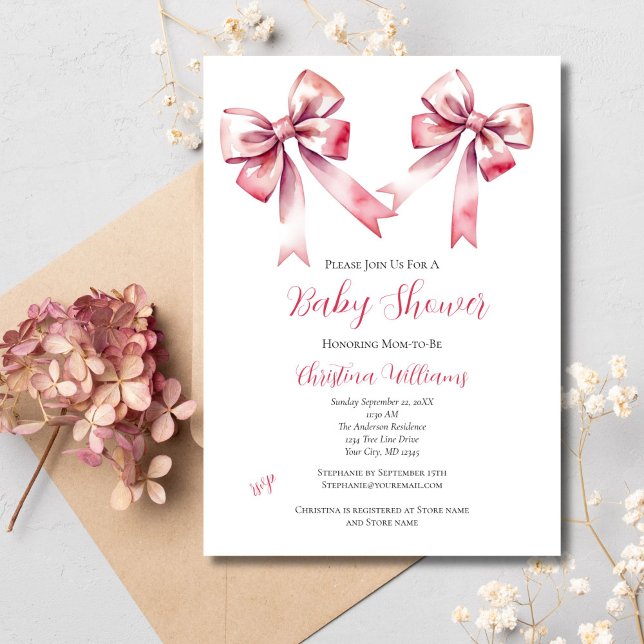 Pink Bow Coquette Girly Babydusche Einladung (Pink Bow Coquette Aesthetic Baby Girl Baby Shower Invitation. Printed or Digital Download )