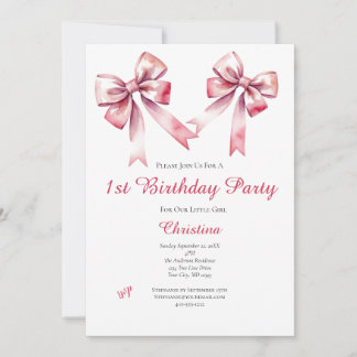 Pink Bow Coquette Girly Einladung zum 1. Geburtsta
