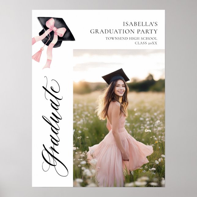 Pink Bow Coquette Graduation Cap Graduate Willkomm Poster (Vorne)