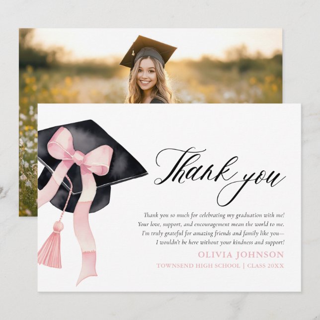 Pink Bow Coquette Graduation Cap Merci Cartes (Devant / Derrière)