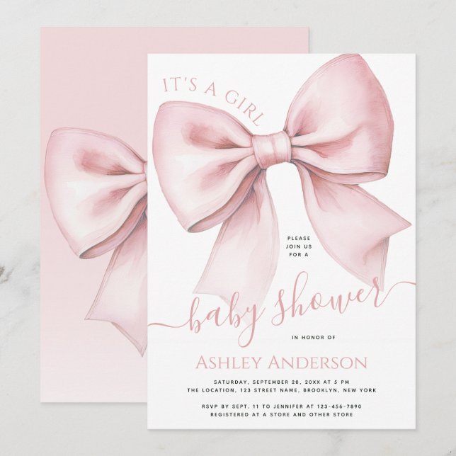 Pink Bow Coquette It's a Girl Baby Shower Einladung (Vorne/Hinten)
