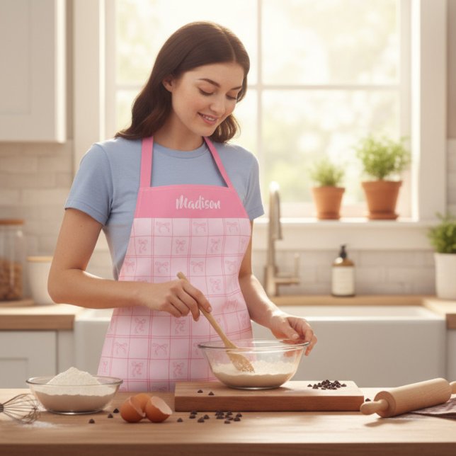 Pink Bow Coquette Modern Girl Personalisiert Name Schürze (Von Creator hochgeladen)