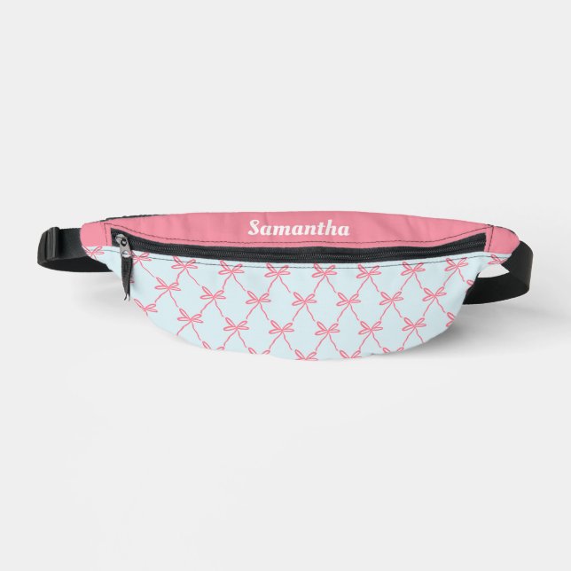 Pink Bow Coquette-Muster auf Blue Individuelle Nam Bauchtasche (Vorderseite)