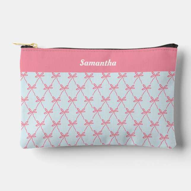 Pink Bow Coquette-Muster auf Blue Individuelle Nam Zubehörtasche (Vorderseite)
