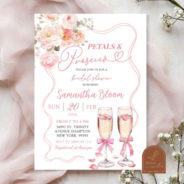 Pink Bow Coquette Petals und Prosecco Einladung (Von Creator hochgeladen)