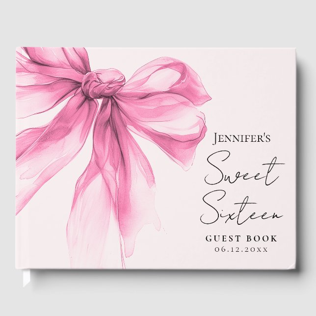 Pink Bow Coquette Script Sweet 16 Blush  Gästebuch (Vorderseite)