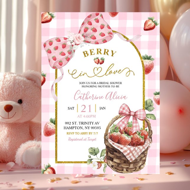 Pink Bow Coquette Strawberry Gingham Bridal Shower Einladung (Von Creator hochgeladen)