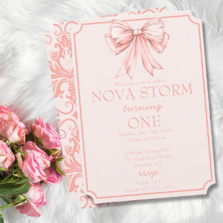 Pink Bow Coquette Tower Demask Milestone Geburtsta Einladung