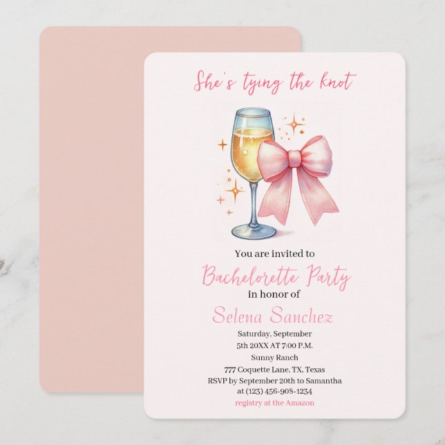 Pink Bow Coquette Wasserfarbe Junggeselinnen-Absch Einladung (Vorne/Hinten)