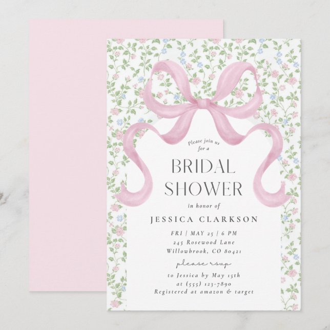 Pink Bow Cotattcore Blumenkohl Brautparty Einladung (Vorne/Hinten)