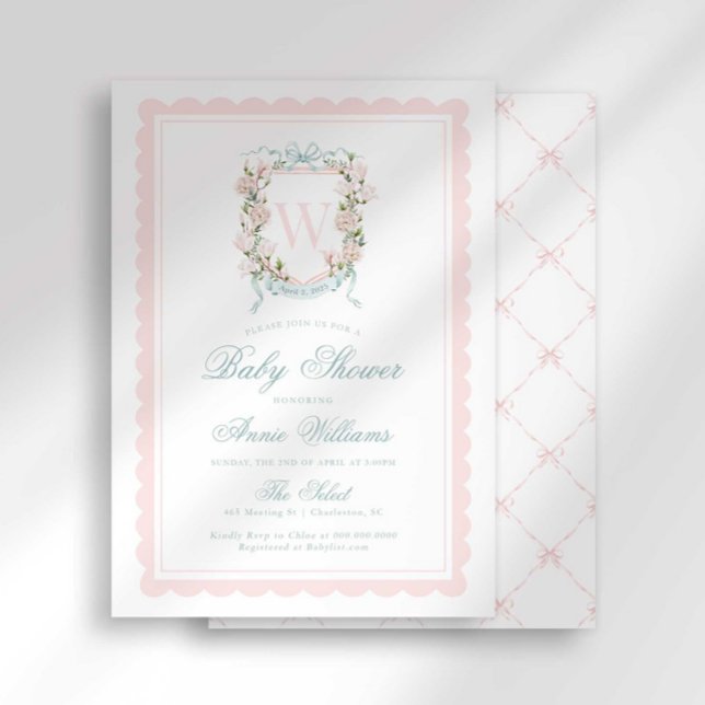 Pink Bow Crest Monogram Baby Shower Einladung (Von Creator hochgeladen)