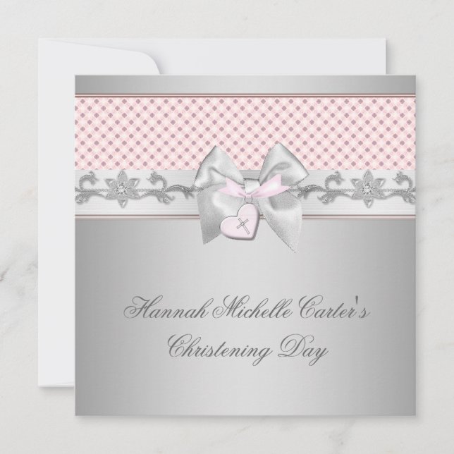 Pink Bow Cross Girls Pink Taufe Chirstening Einladung (Vorderseite)