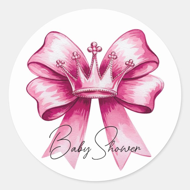 Pink Bow & Crown Baby Dusche Feier Runder Aufkleber (Vorderseite)