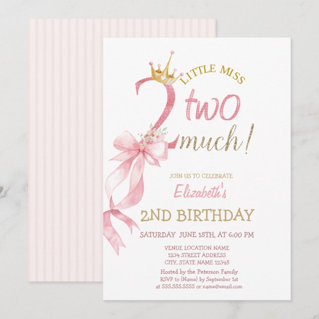 Pink Bow Crown Flowers Striped 2nd Birthday  Einladung (Vorne/Hinten)