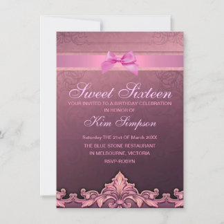 Pink Bow & Damask Sweet 16 Birthday Einladung