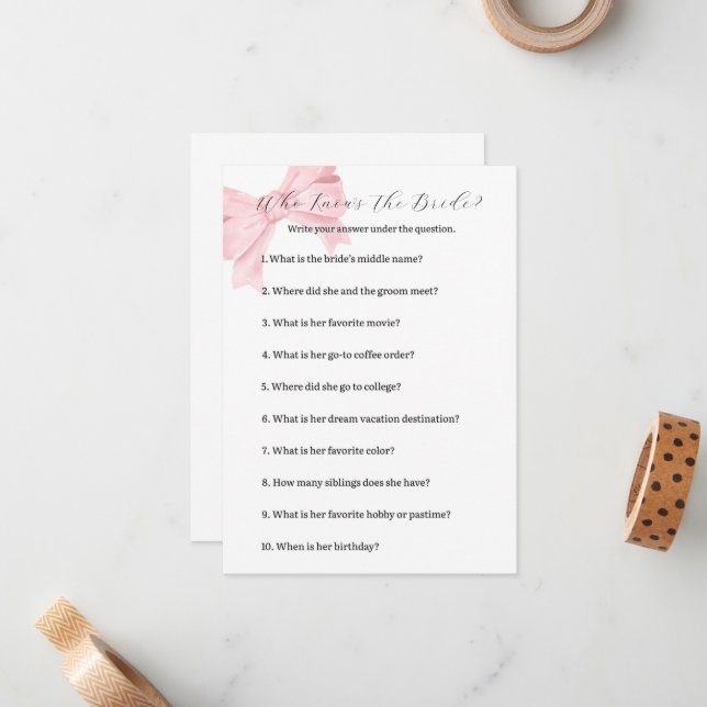 Pink Bow, der das Bride Game kennt - Brautparty Mitteilungskarte (Vorderseite/Rückseite Beispiel)