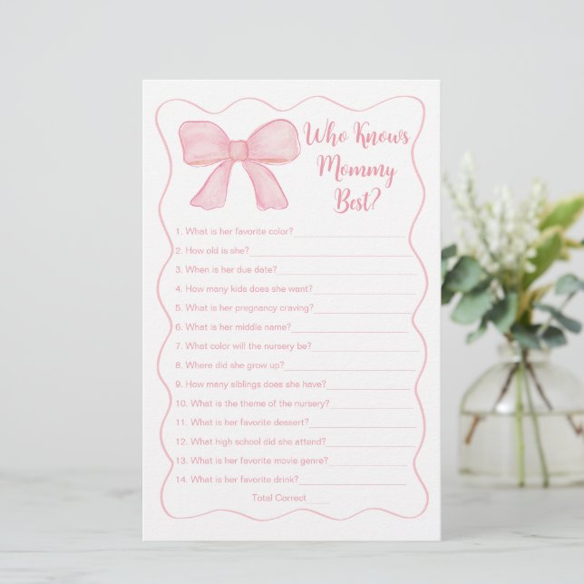 Pink Bow, der Mommy Best Baby Shower Game kennt (Stehend Vorderseite)