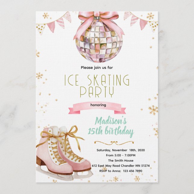 Pink bow disco ice skating party invitation einladung (Vorderseite)
