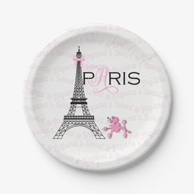 Pink Bow Eiffel Tower Paris France Poodle Party Pappteller (Vorderseite)