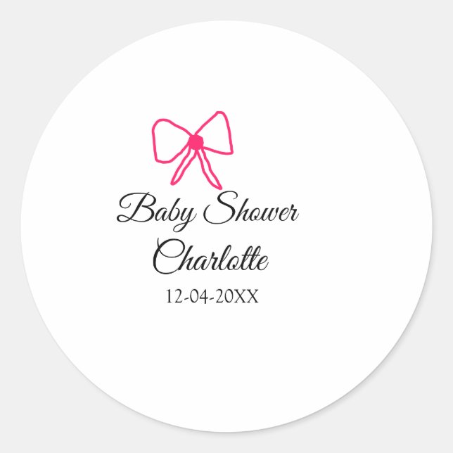 PINK BOW EINFACHE BABY DUSCHE HINZUFÜGEN NAME DATU RUNDER AUFKLEBER (Vorderseite)
