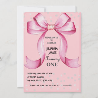 Pink Bow Elegant 1. Geburtstag Party Einladung