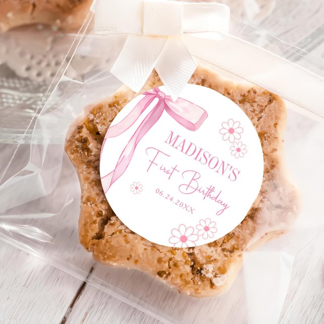 Pink Bow Elegant 1. Geburtstag Runder Aufkleber (Von Creator hochgeladen)