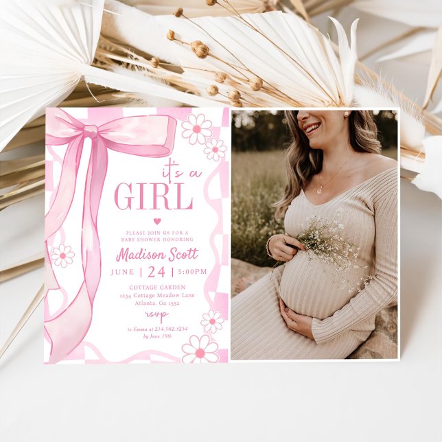 Pink Bow Elegant Baby Shower Foto Einladung (Von Creator hochgeladen)