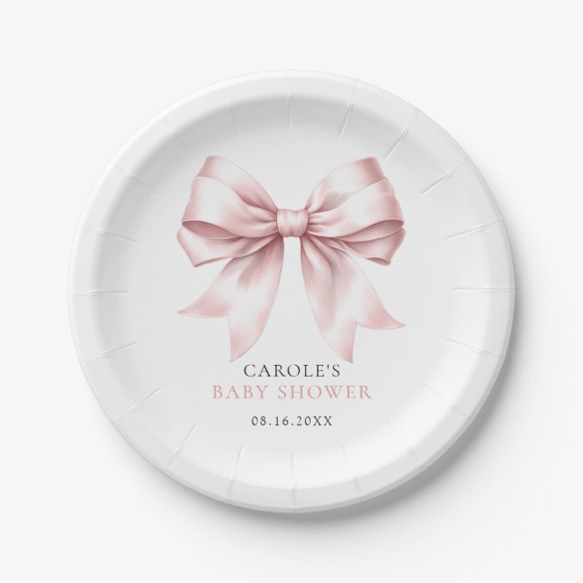 Pink Bow Elegant Blush Baby Girl Baby Dusche Pappteller (Vorderseite)