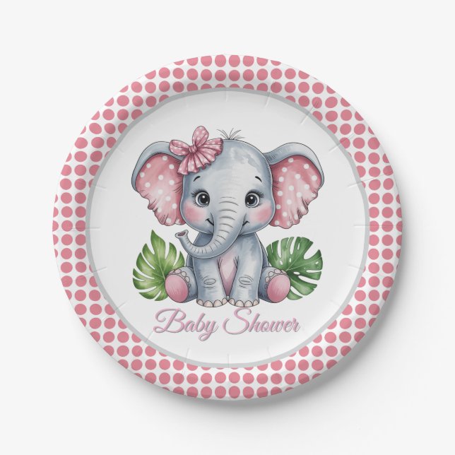 Pink Bow Elephant Girl Baby Dusche Pappteller (Vorderseite)
