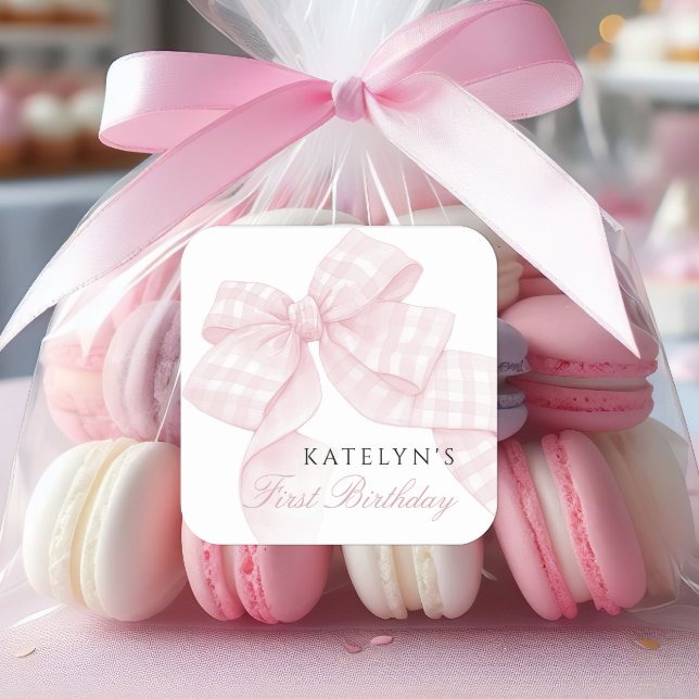 Pink Bow Erster Geburtstag Quadratischer Aufkleber (Von Creator hochgeladen)