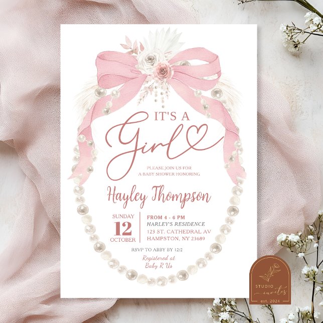 Pink Bow Es ist eine Girl Pearl Baby Dusche Einladung (Von Creator hochgeladen)