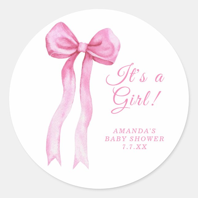 Pink Bow Es ist eine Mädchen-Dusche Runder Aufkleber (Vorderseite)