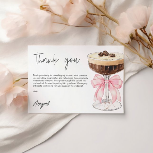 Pink Bow Espresso Martini Brautparty Vielen Dank Begleitkarte (Pink Bow Espresso Martini Bridal Shower Thank You Enclosure Card)
