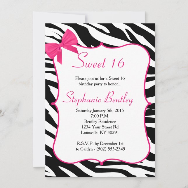 Pink Bow et Zebra Sweet 16 Invitation d'anniversai (Devant)