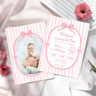 Pink Bow First Birthday Girl Invitation Einladung