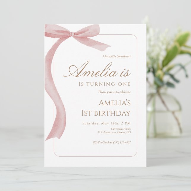 Pink Bow First Birthday Invitation Watercolor  (Debout devant)