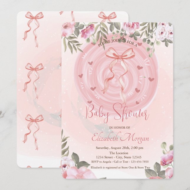 Pink Bow Floral Baby Dusche Einladung (Vorne/Hinten)