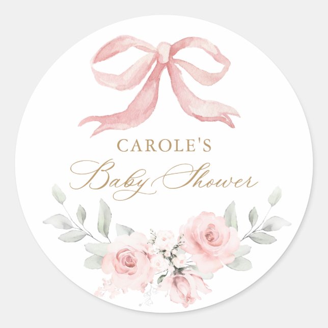 Pink Bow Floral Blush Baby Girl Babydusche Runder Aufkleber (Vorderseite)